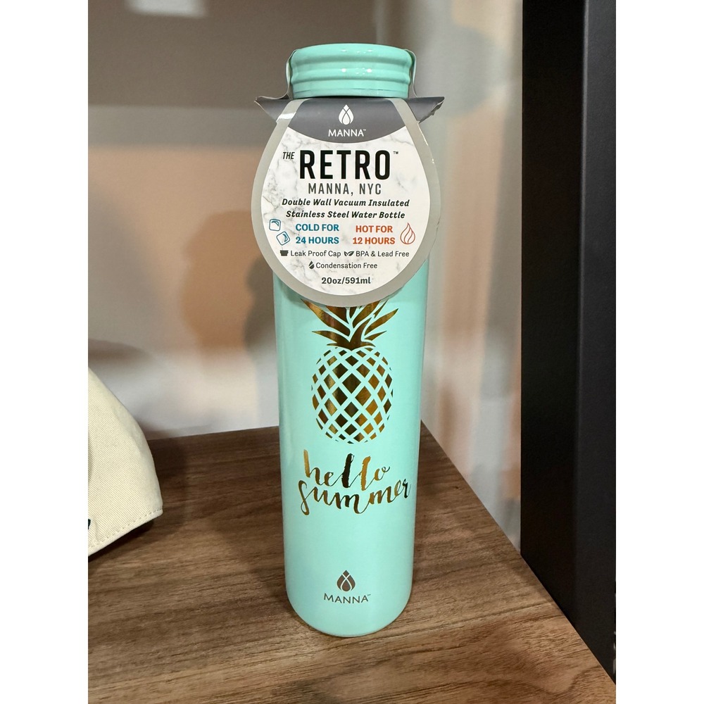 Manna Retro 20oz Insulated Water Bottle Mint Green Hello Summer Pineapple Gold